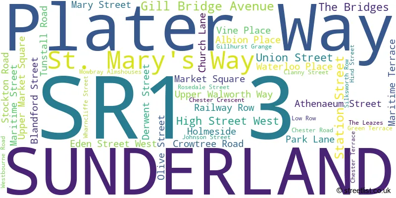 A word cloud for the SR1 3 postcode